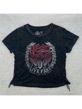 Y2K Affliction distressed side-laced Live Fast black mineral wash wing graphic L